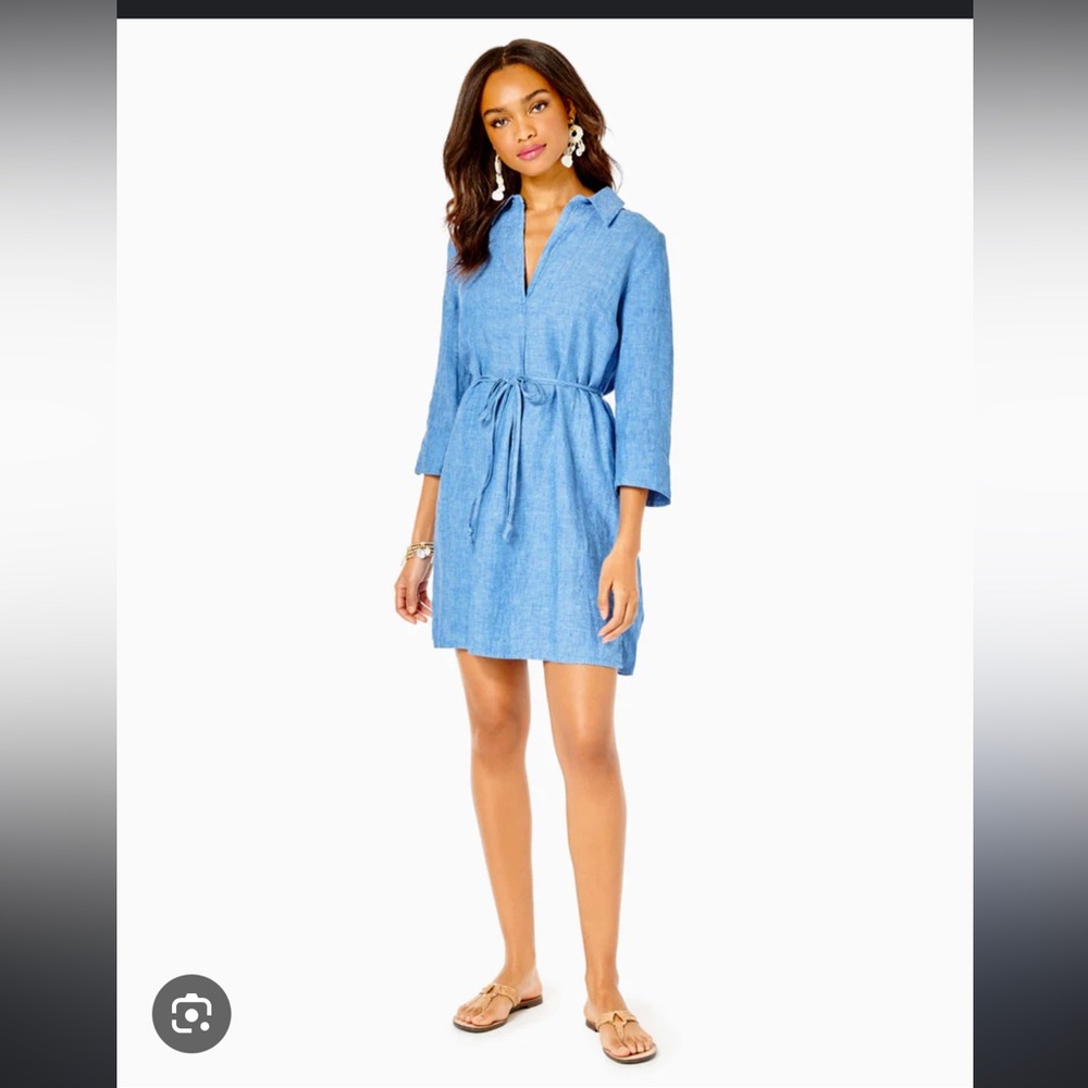 LILLY PULITZER PILAR LINEN TUNIC DRESS BECKON BLUE X SEA SALT BLUE. Size M
